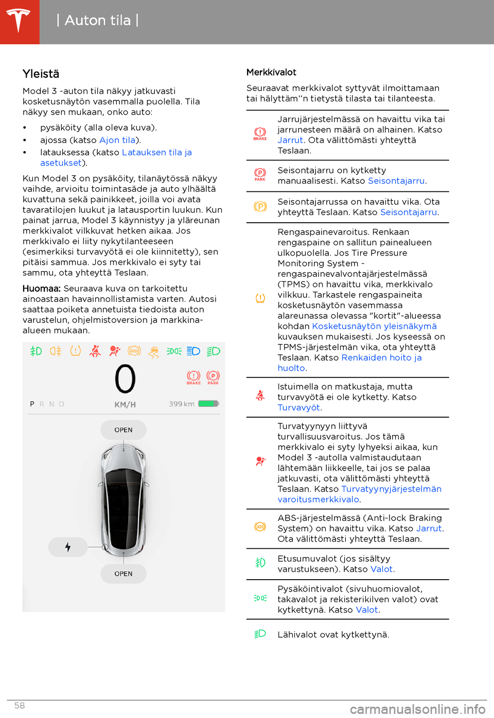 TESLA MODEL 3 2019  Omistajan käsikirja (in Finnish)  Auton tila
Yleist
