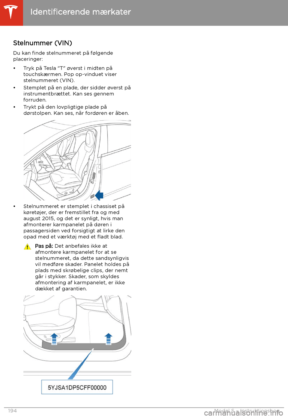 TESLA MODEL S 2020  Instruktionsbog (in Danish) Speci