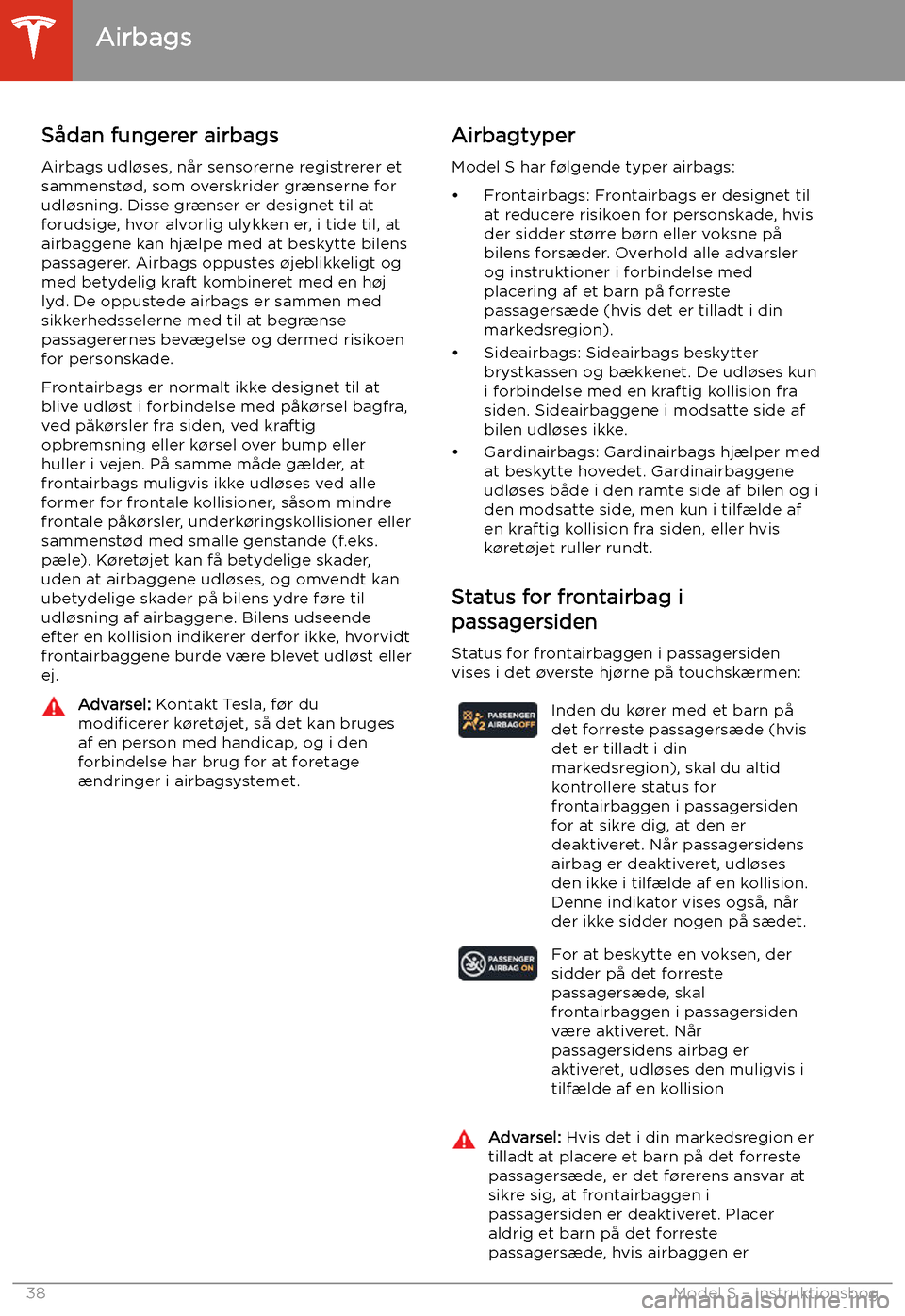 TESLA MODEL S 2020  Instruktionsbog (in Danish) S