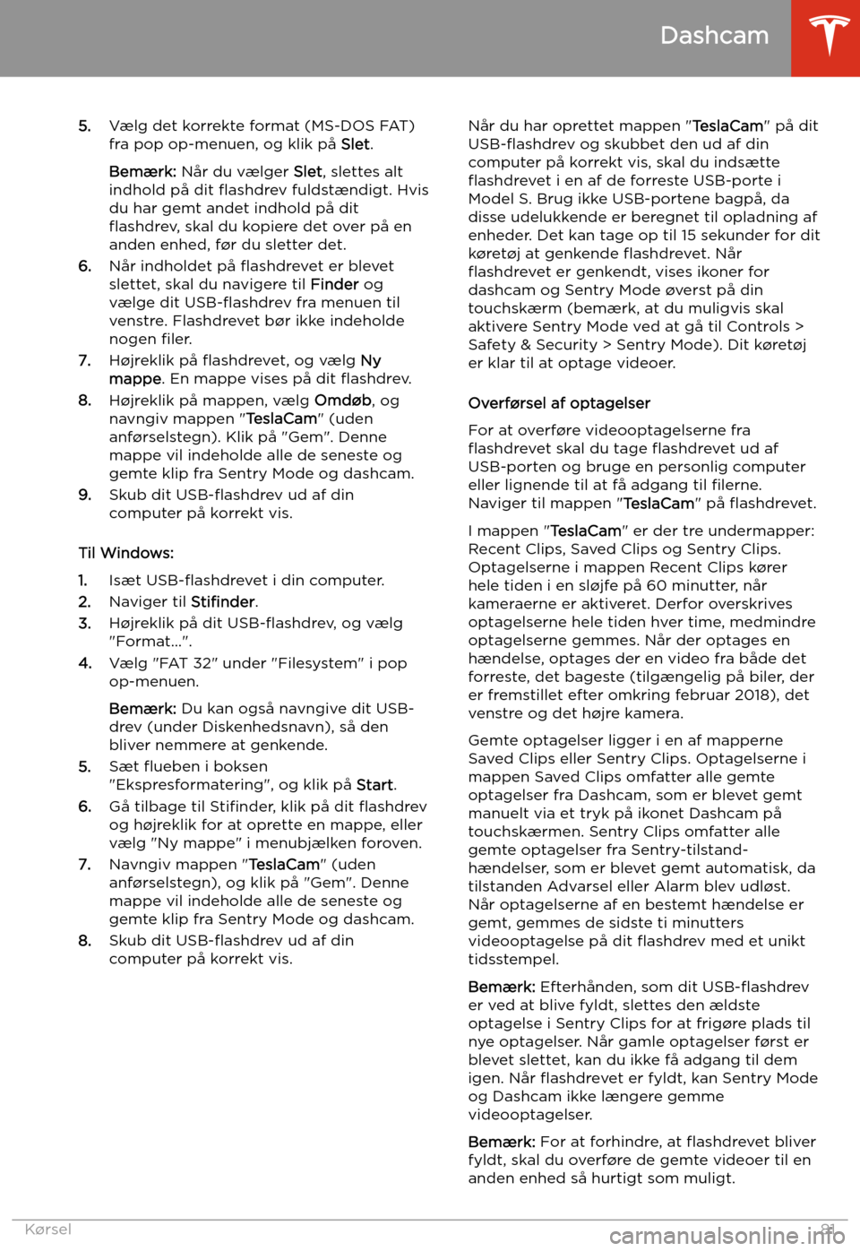 TESLA MODEL S 2020  Instruktionsbog (in Danish) 5.V