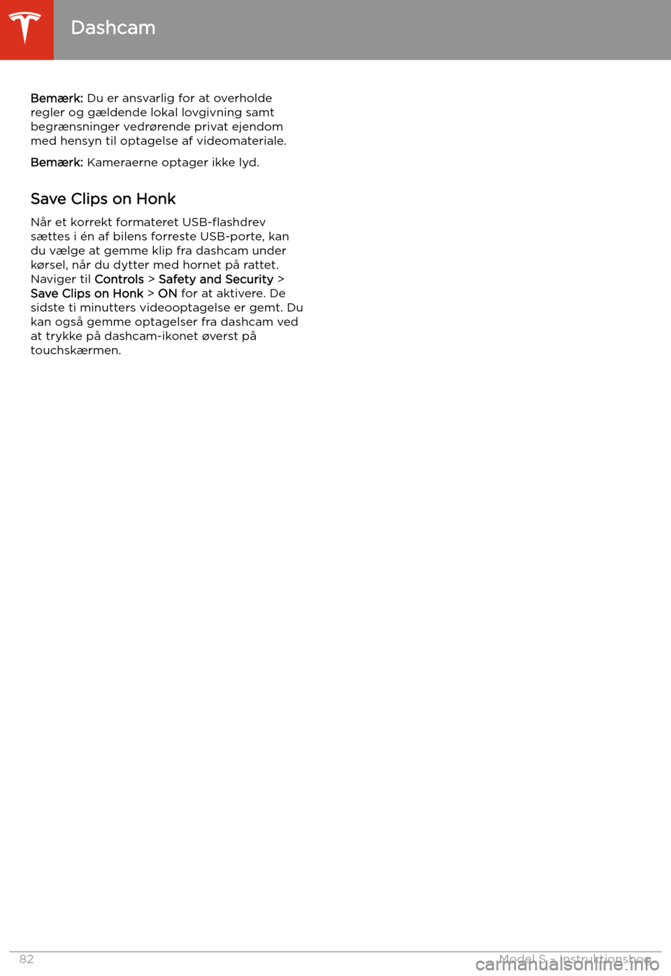 TESLA MODEL S 2020  Instruktionsbog (in Danish) Bem