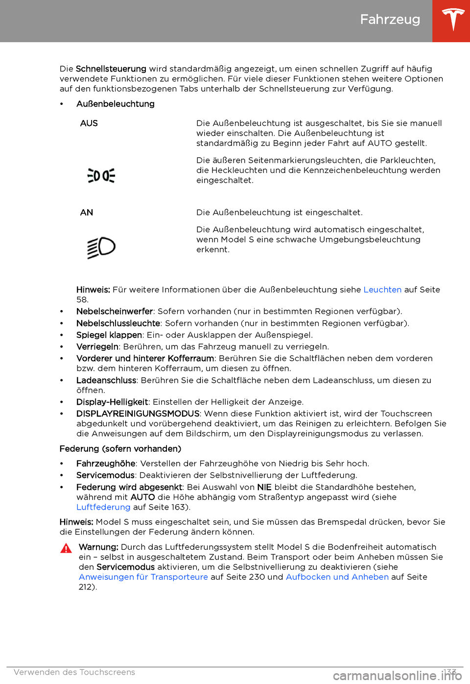 TESLA MODEL S 2020  Betriebsanleitung (in German) Die Schnellsteuerung  wird standardm