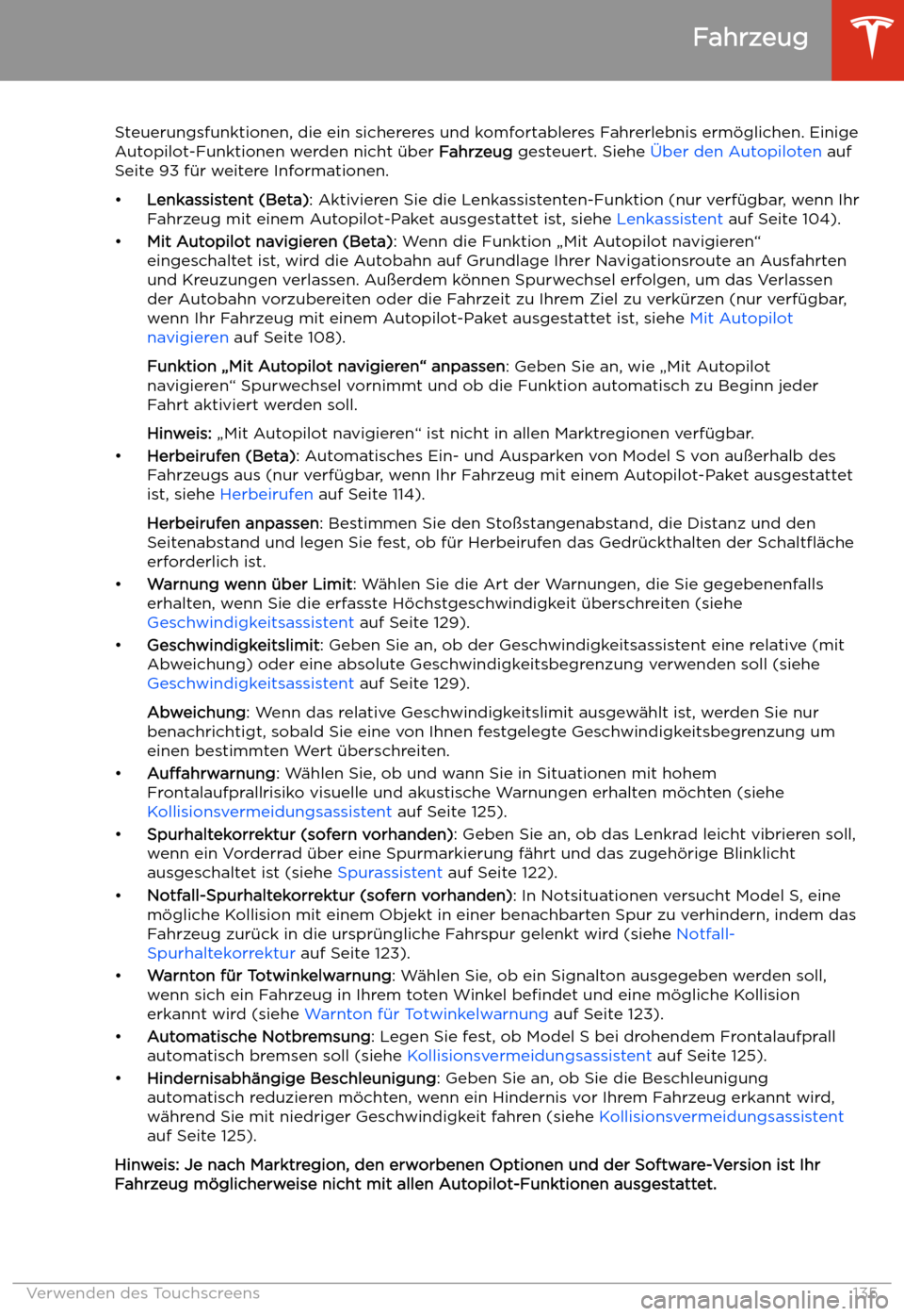 TESLA MODEL S 2020  Betriebsanleitung (in German) Steuerungsfunktionen, die ein sichereres und komfortableres Fahrerlebnis erm