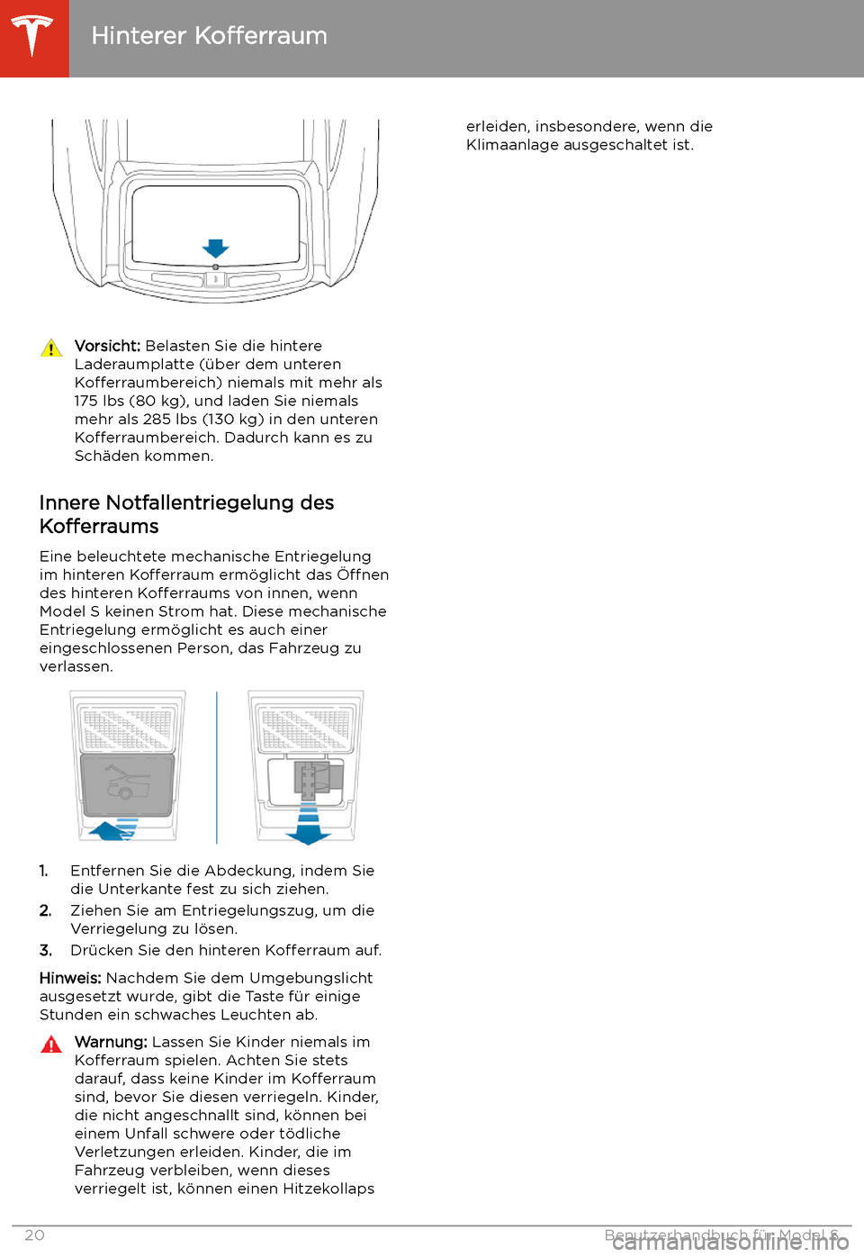 TESLA MODEL S 2020  Betriebsanleitung (in German) Vorsicht: Belasten Sie die hintere
Laderaumplatte (