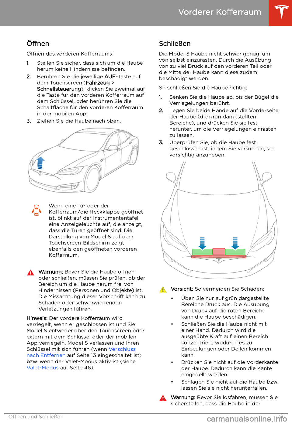 TESLA MODEL S 2020  Betriebsanleitung (in German) Vorderer 
Kofferraum
