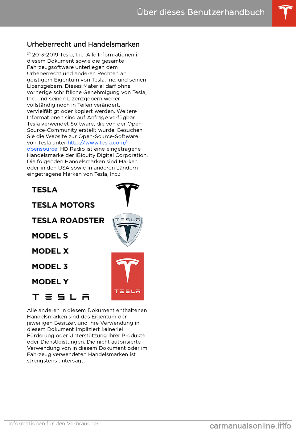 TESLA MODEL S 2020  Betriebsanleitung (in German) Urheberrecht und Handelsmarken