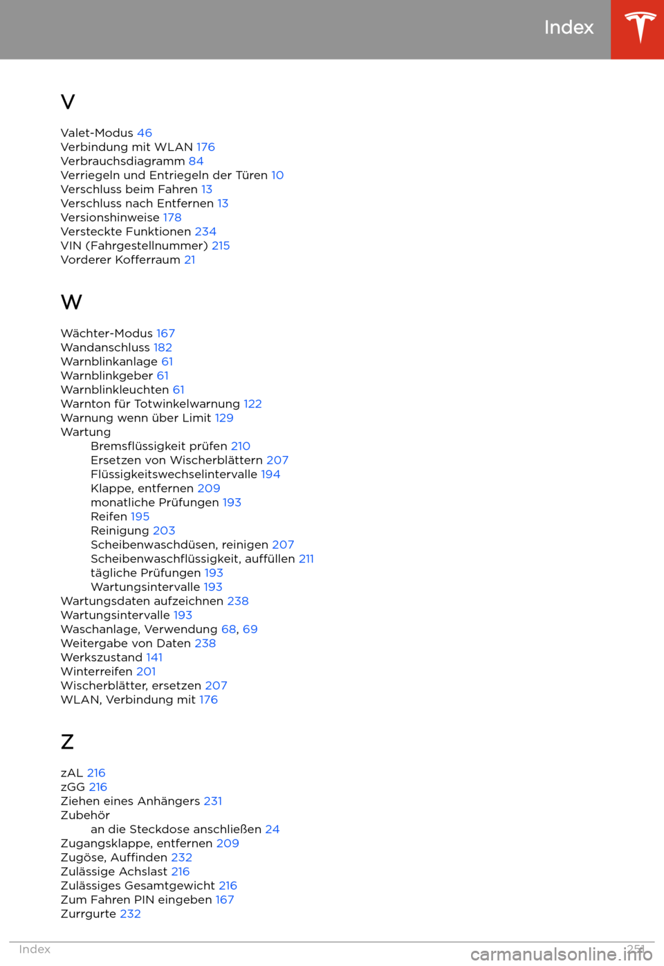TESLA MODEL S 2020  Betriebsanleitung (in German) V
Valet-Modus  46
Verbindung mit WLAN  176
Verbrauchsdiagramm  84
Verriegeln und Entriegeln der T