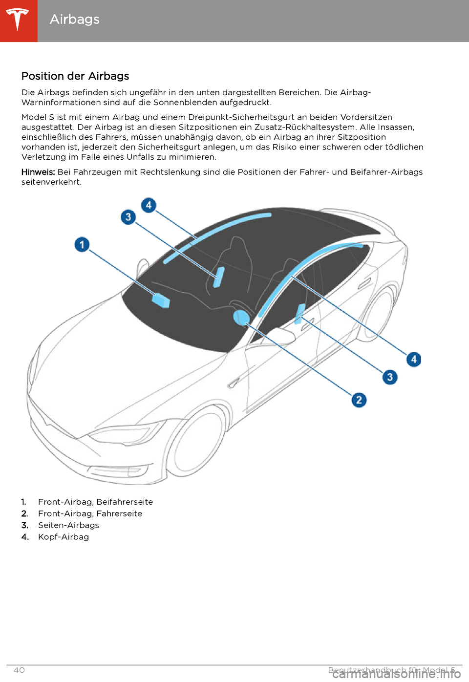 TESLA MODEL S 2020  Betriebsanleitung (in German) Airbags
Position der Airbags Die Airbags  befinden sich ungef