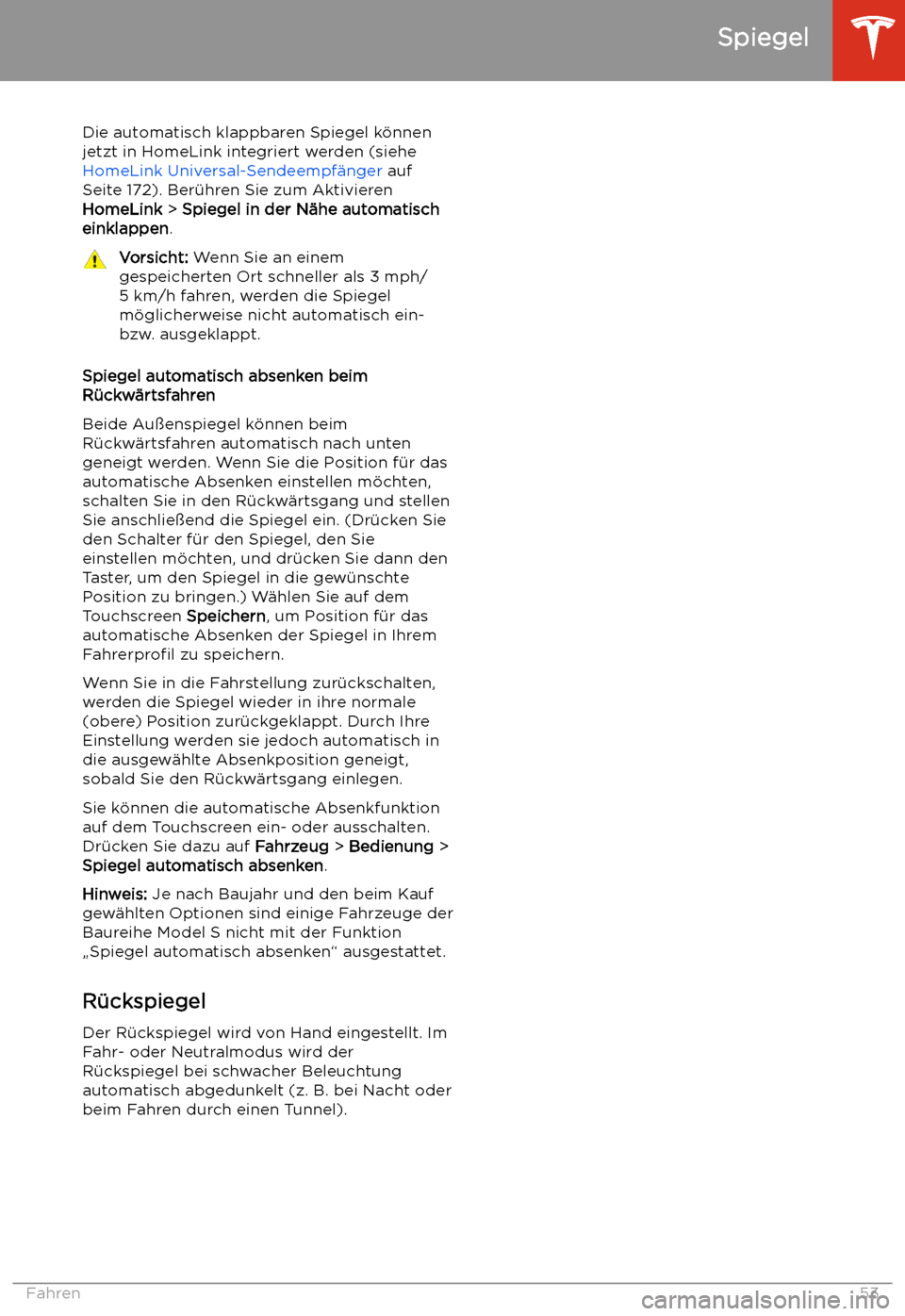 TESLA MODEL S 2020  Betriebsanleitung (in German) Die automatisch klappbaren Spiegel k