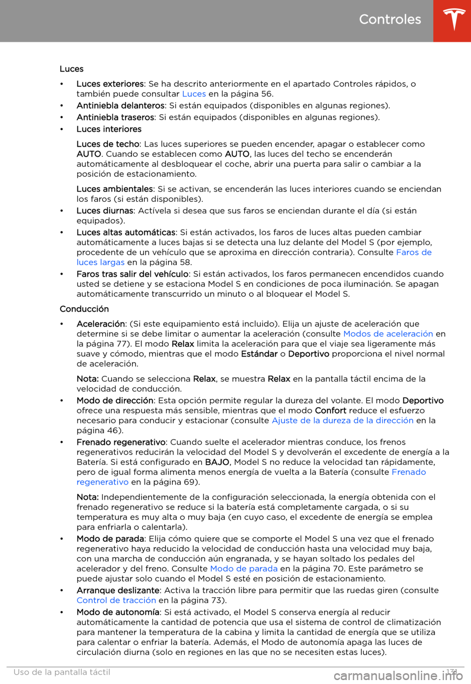 TESLA MODEL S 2020  Manual del propietario (in Spanish)  Luces
