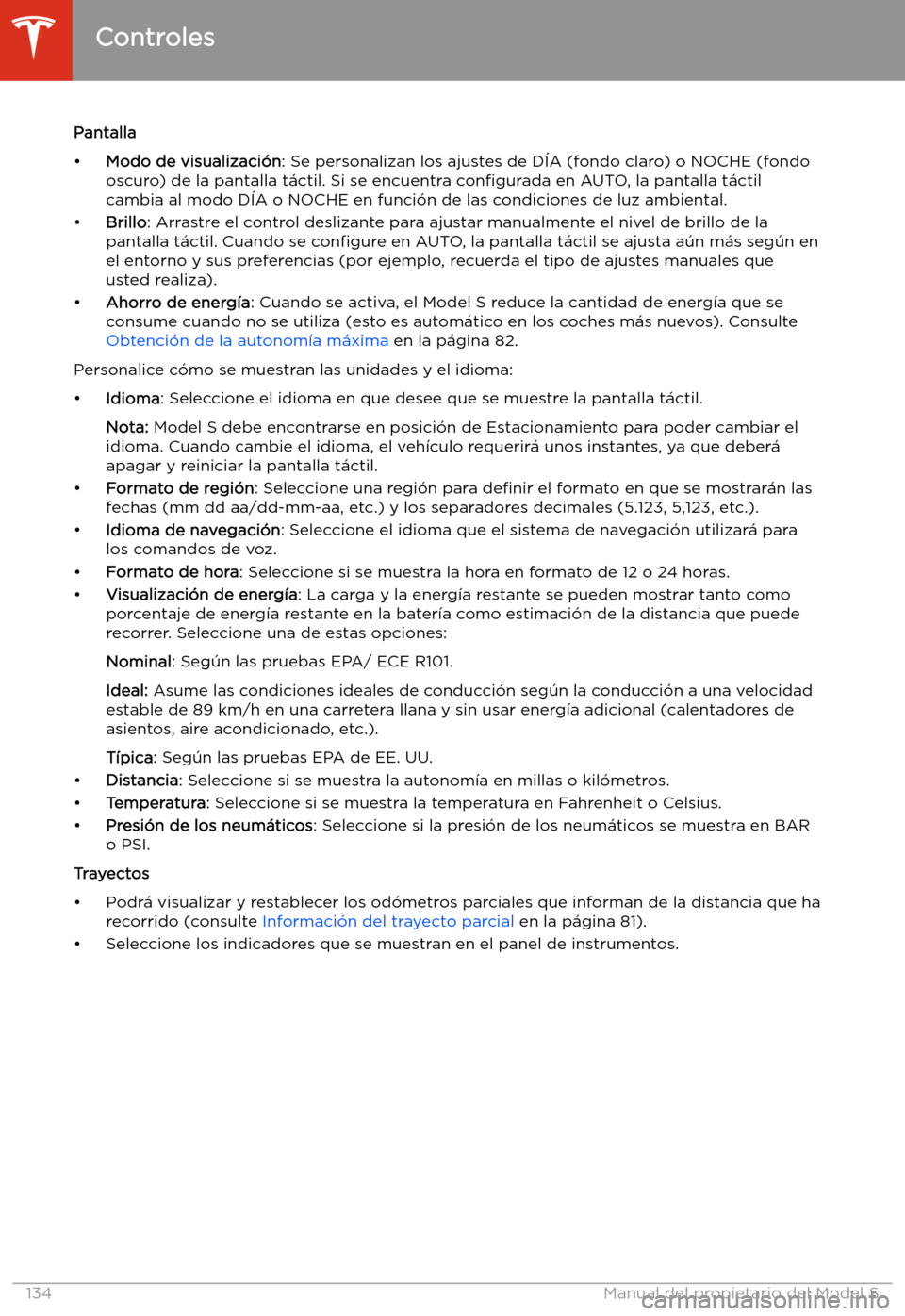 TESLA MODEL S 2020  Manual del propietario (in Spanish)  Pantalla

