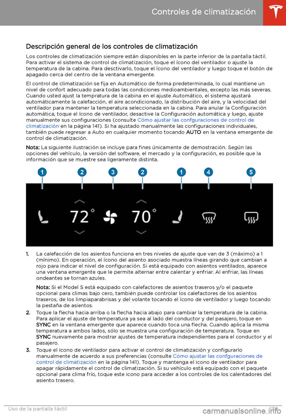TESLA MODEL S 2020  Manual del propietario (in Spanish)  Controles de climatizaci