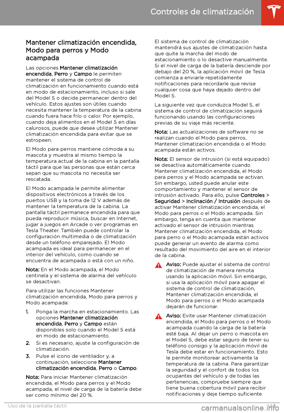 TESLA MODEL S 2020  Manual del propietario (in Spanish)  Mantener climatizaci