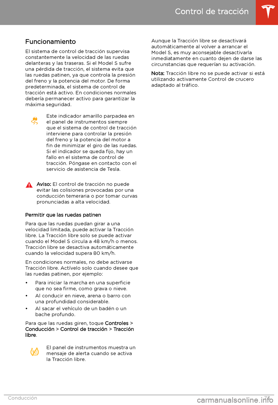 TESLA MODEL S 2020  Manual del propietario (in Spanish)  Control de tracci