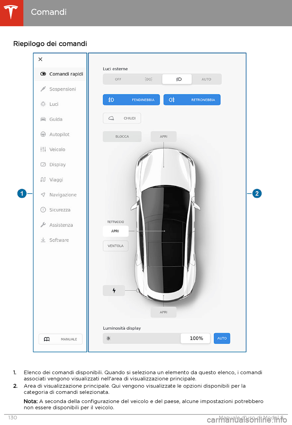 TESLA MODEL S 2020  Manuale del proprietario (in Italian)  Riepilogo dei comandi
1.Elenco dei comandi disponibili. Quando si seleziona un elemento da questo elenco, i comandi
associati vengono visualizzati nell