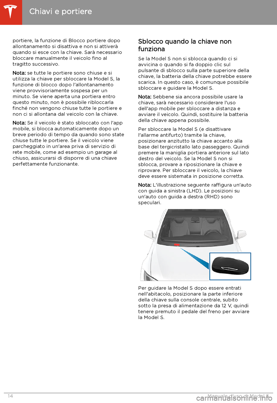 TESLA MODEL S 2020  Manuale del proprietario (in Italian)  portiere, la funzione di Blocco portiere dopo
allontanamento si disattiva e non si attiver