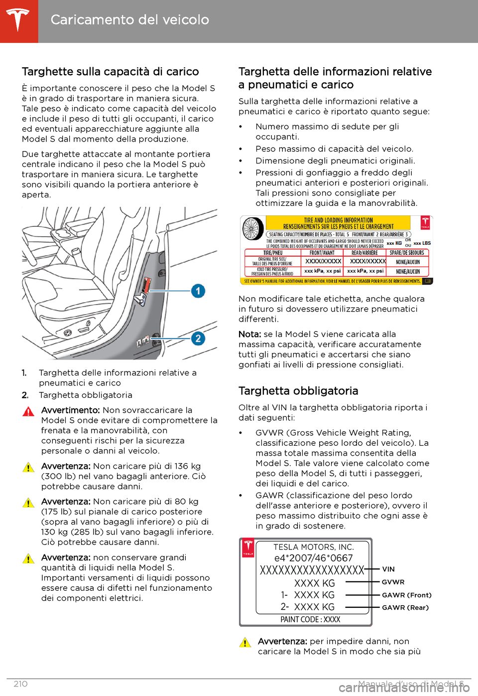 TESLA MODEL S 2020  Manuale del proprietario (in Italian)  Caricamento del veicolo
Targhette sulla capacit