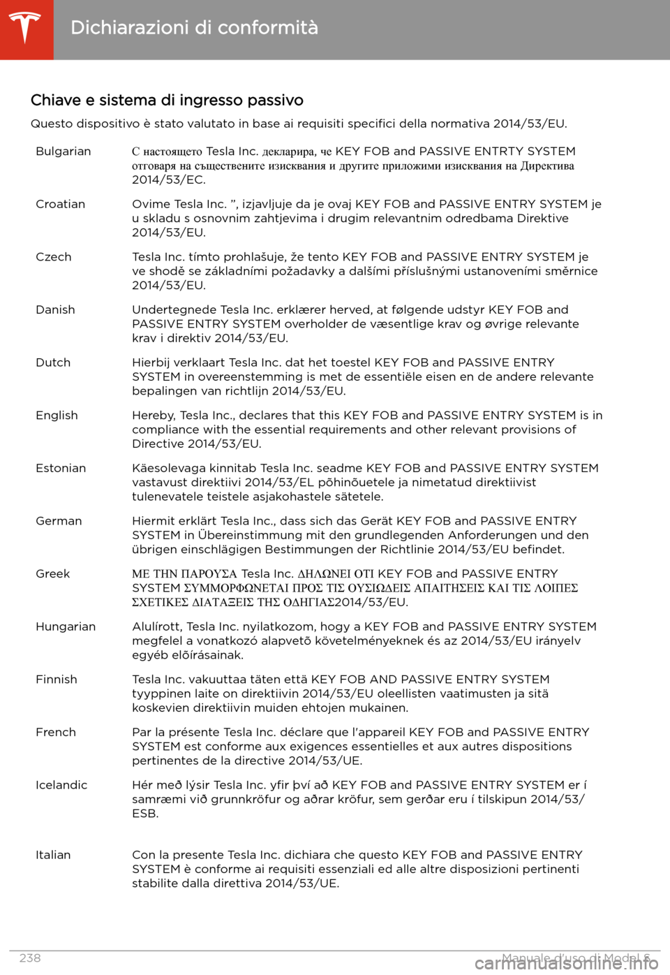 TESLA MODEL S 2020  Manuale del proprietario (in Italian)  Chiave e sistema di ingresso passivoQuesto dispositivo 
