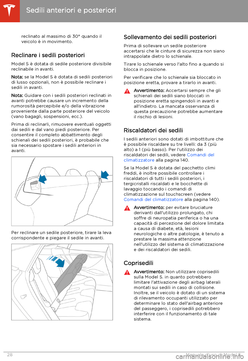 TESLA MODEL S 2020  Manuale del proprietario (in Italian)  reclinato al massimo di 30