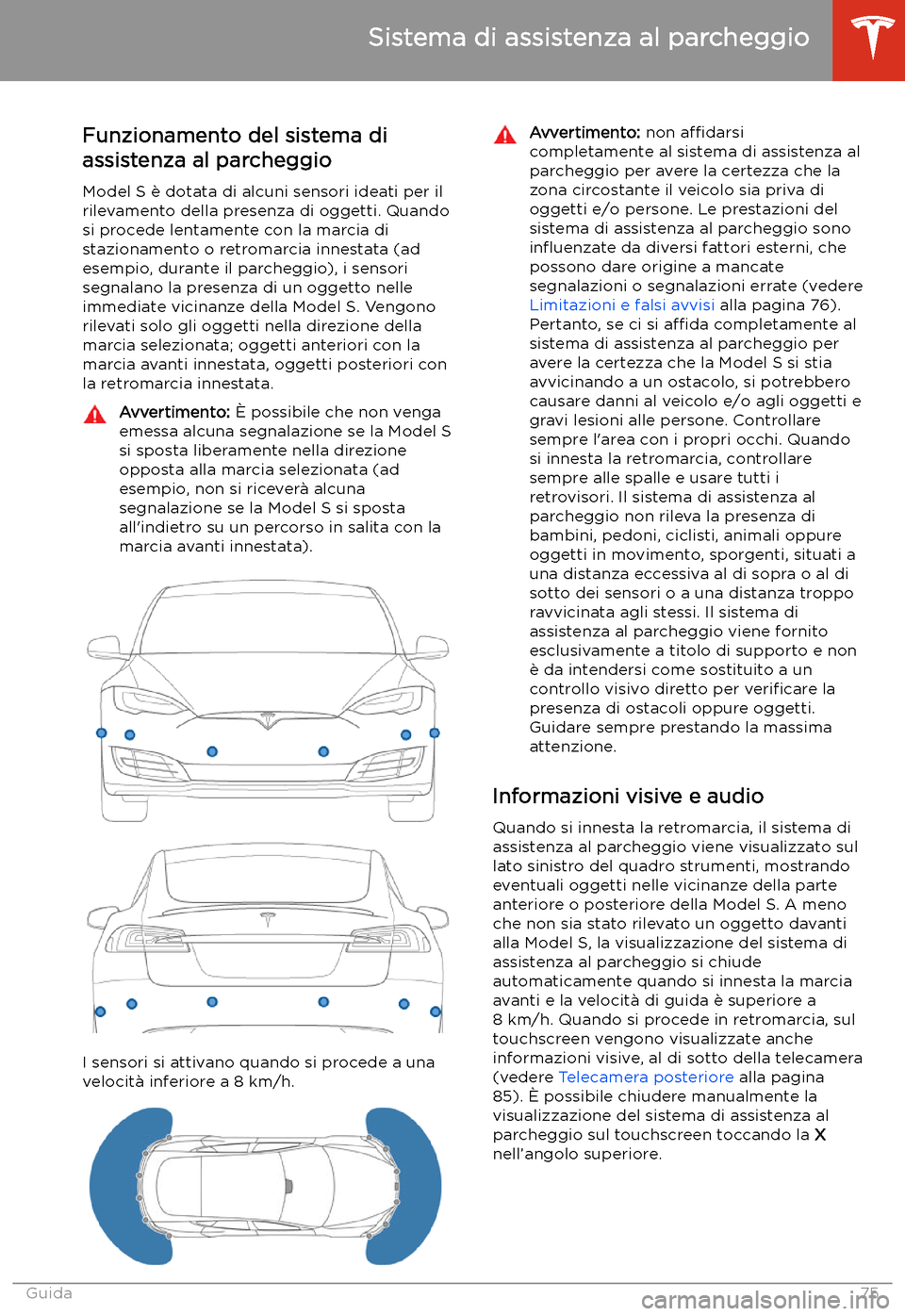 TESLA MODEL S 2020  Manuale del proprietario (in Italian)  Sistema di assistenza al parcheggio
Funzionamento del sistema di
assistenza al parcheggio
Model S 