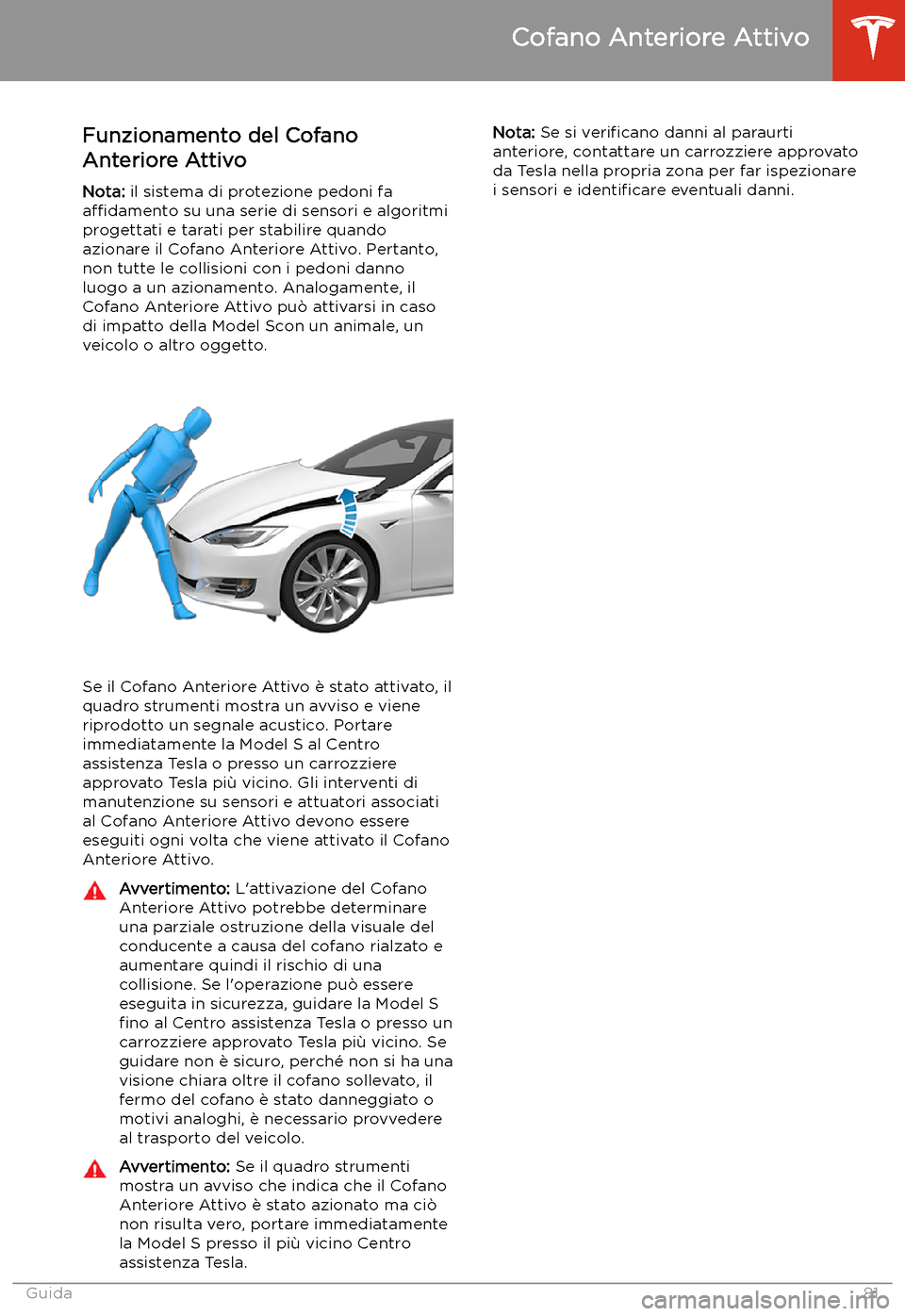 TESLA MODEL S 2020  Manuale del proprietario (in Italian)  Cofano Anteriore Attivo
Funzionamento del Cofano
Anteriore Attivo
Nota:  il sistema di protezione pedoni fa
a