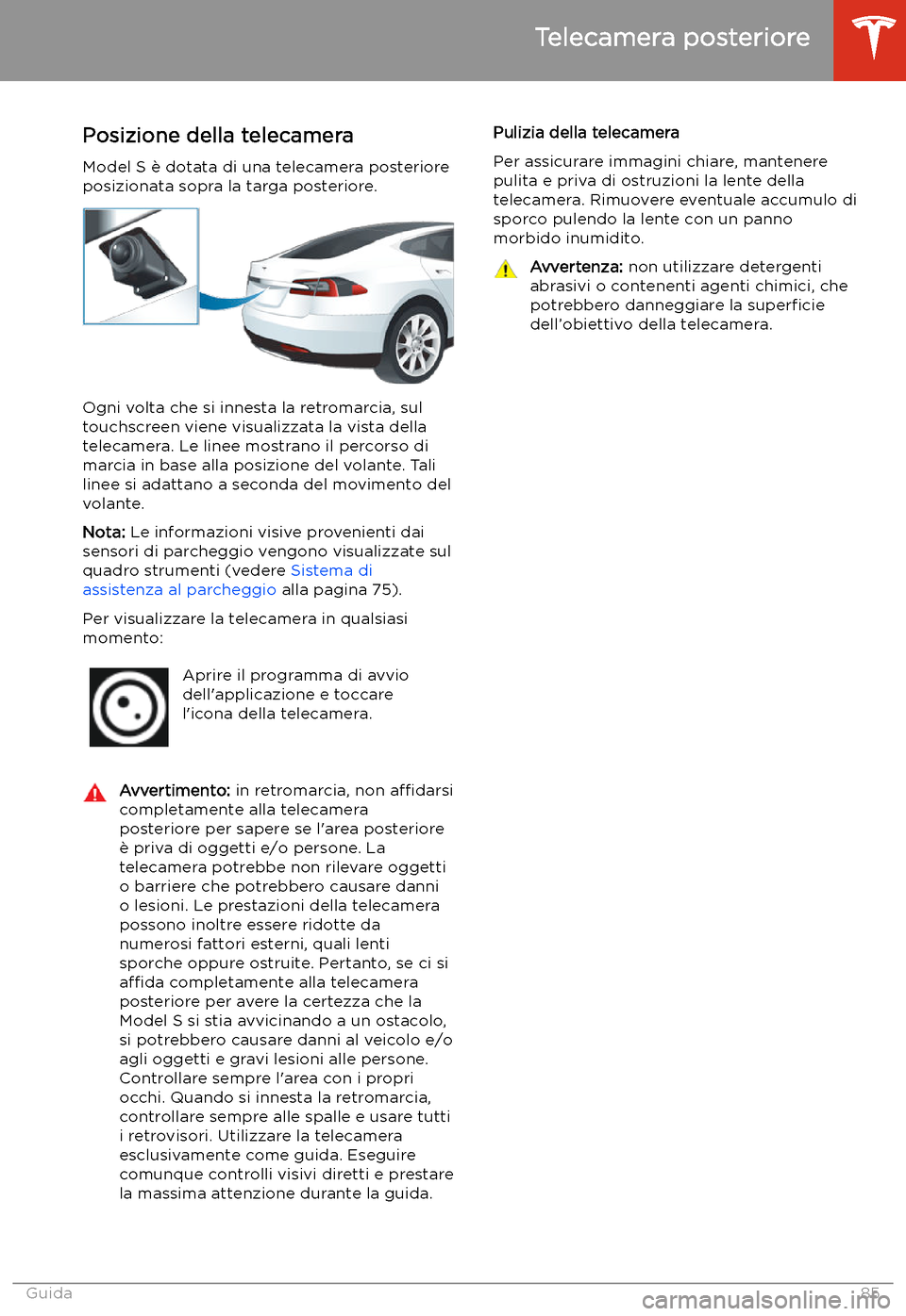 TESLA MODEL S 2020  Manuale del proprietario (in Italian)  Telecamera posteriore
Posizione della telecamera Model S 