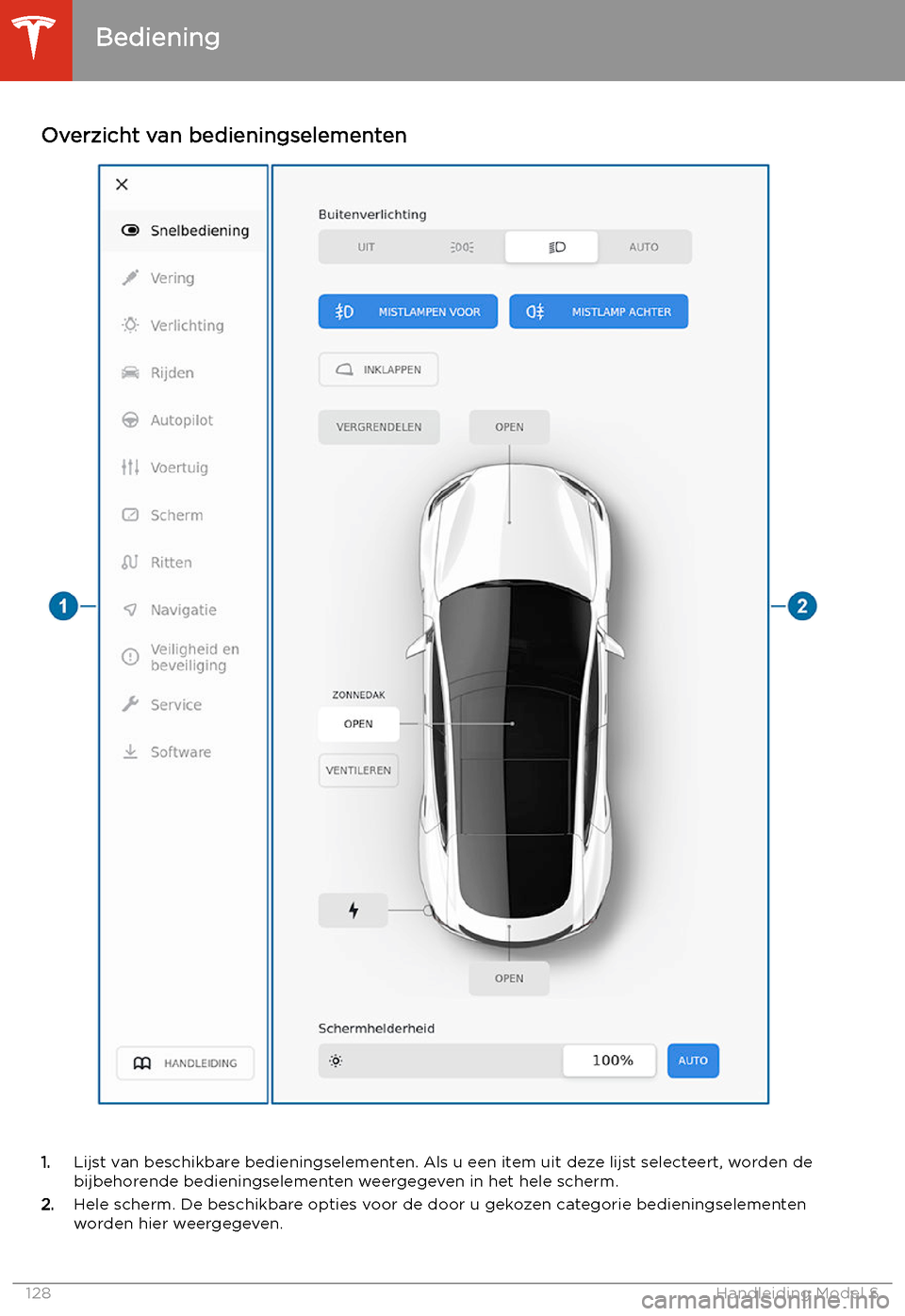 TESLA MODEL S 2020  Handleiding (in Dutch) Overzicht van bedieningselementen
1.Lijst van beschikbare bedieningselementen. Als u een item uit deze lijst selecteert, worden de
bijbehorende bedieningselementen weergegeven in het hele scherm.
2. H