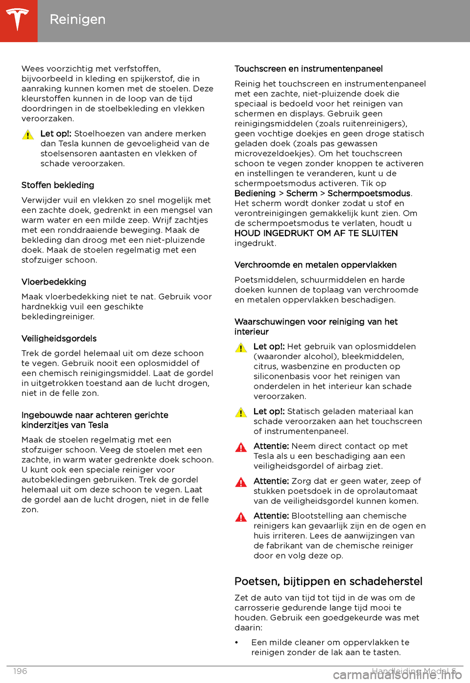 TESLA MODEL S 2020  Handleiding (in Dutch) Wees voorzichtig met verfsto
