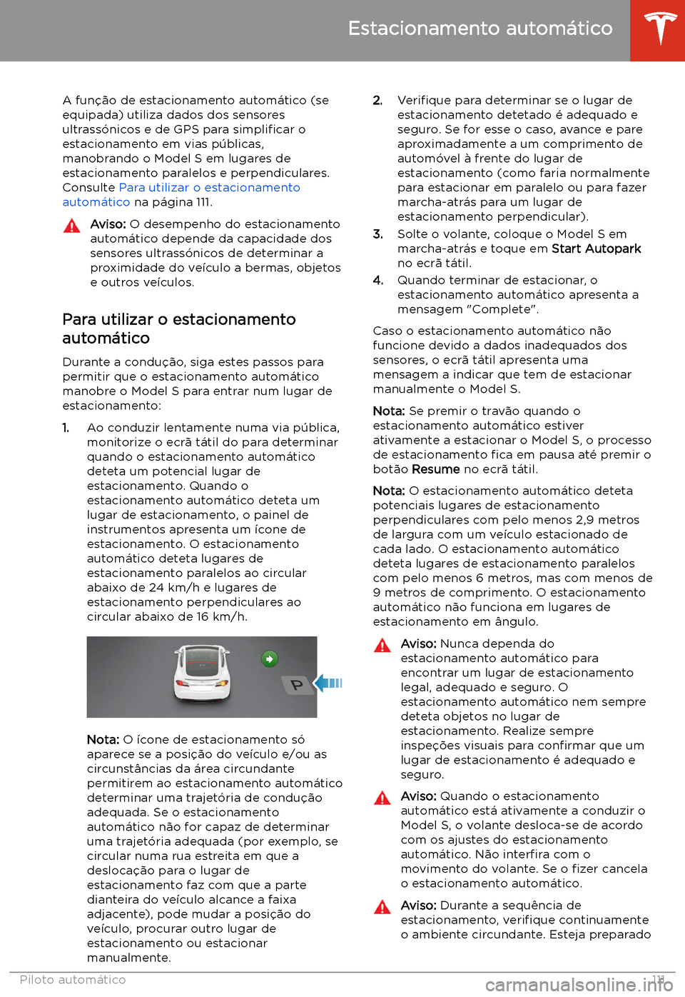 TESLA MODEL S 2020  Manual do proprietário (in Portuguese) Estacionamento autom