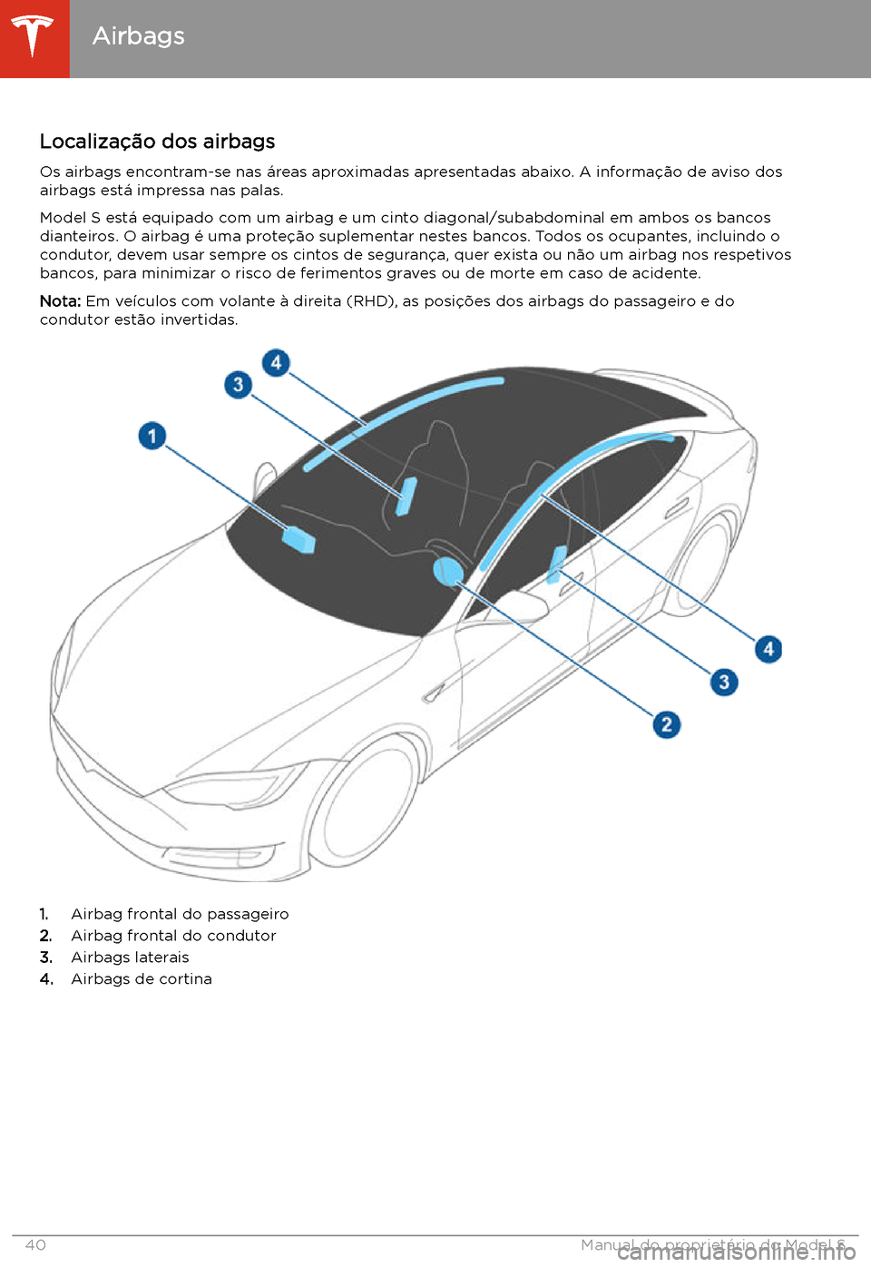TESLA MODEL S 2020  Manual do proprietário (in Portuguese) Airbags
Localiza