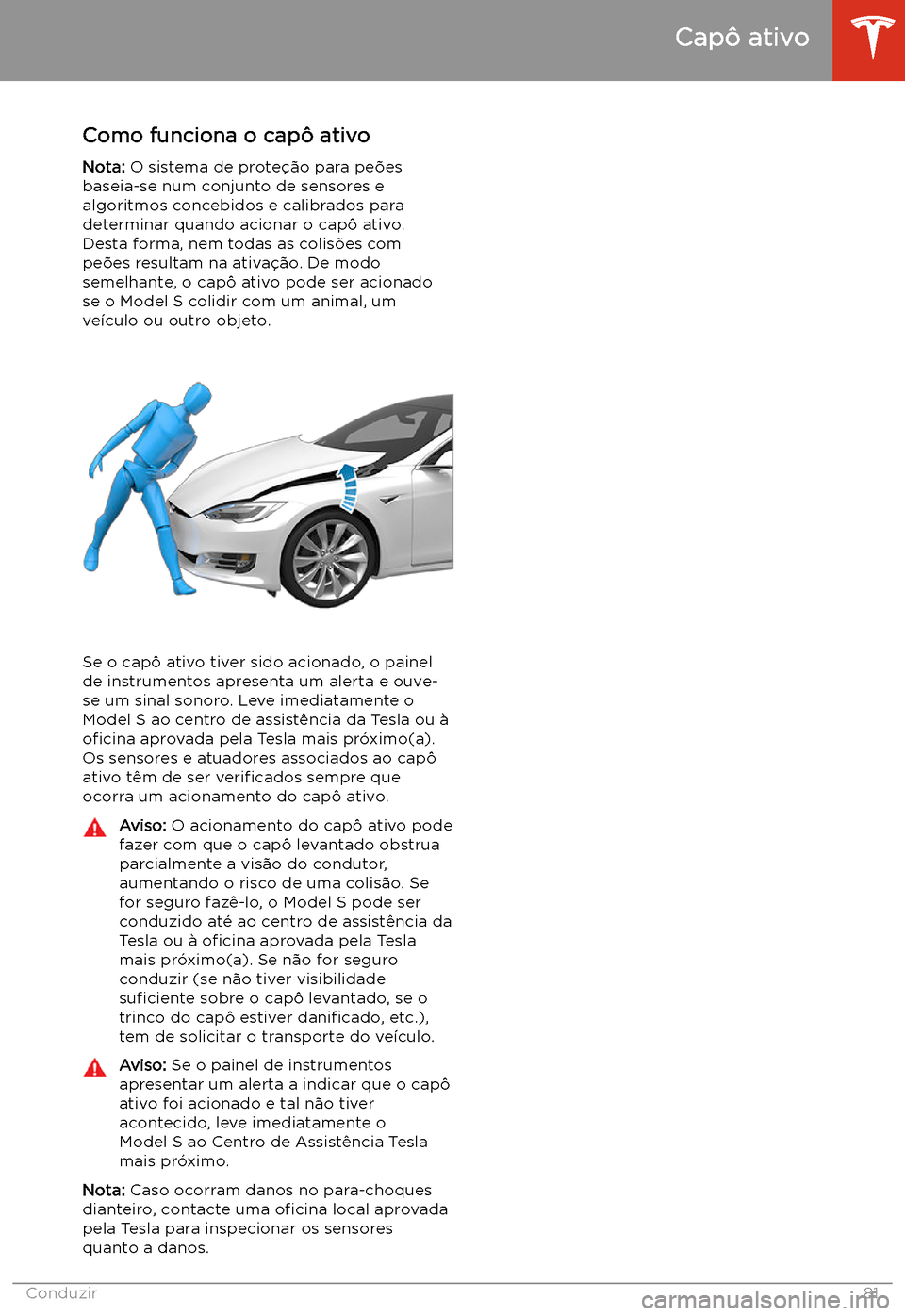TESLA MODEL S 2020  Manual do proprietário (in Portuguese) Capô ativo
Como funciona o capô ativo
Nota:  O sistema de prote