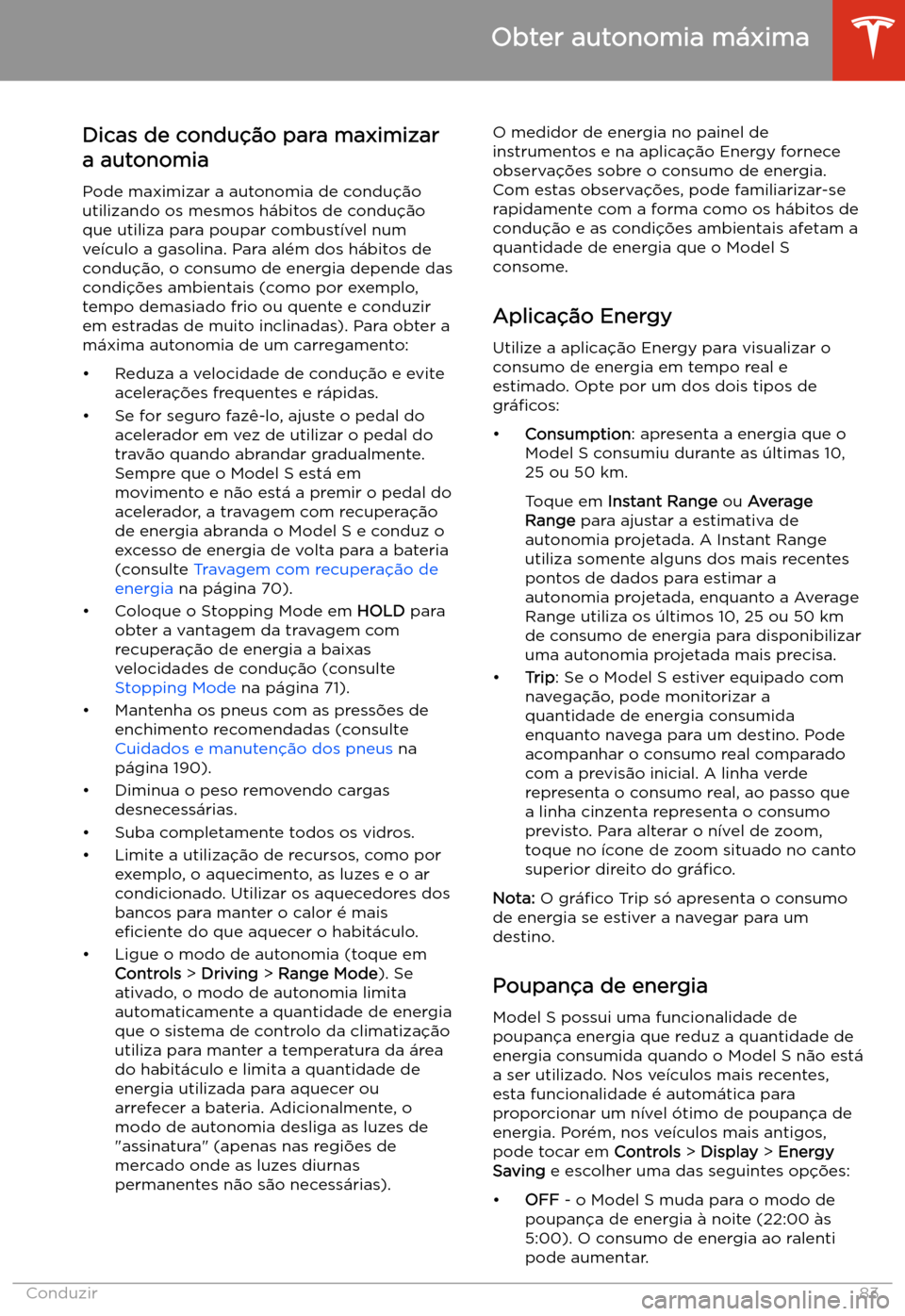 TESLA MODEL S 2020  Manual do proprietário (in Portuguese) Obter autonomia m