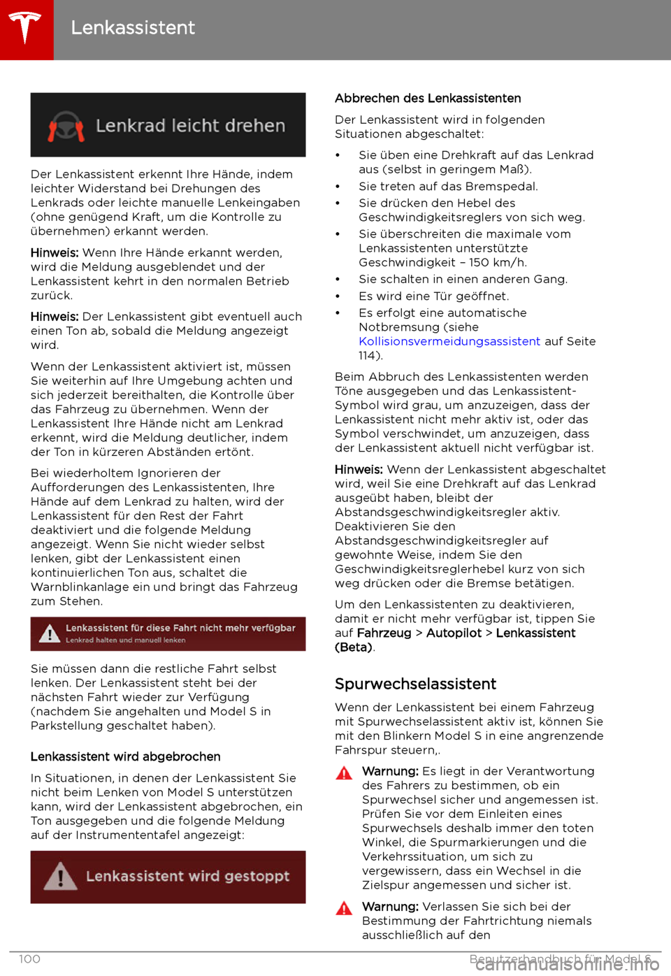 TESLA MODEL S 2019  Betriebsanleitung (in German) Der Lenkassistent erkennt Ihre H