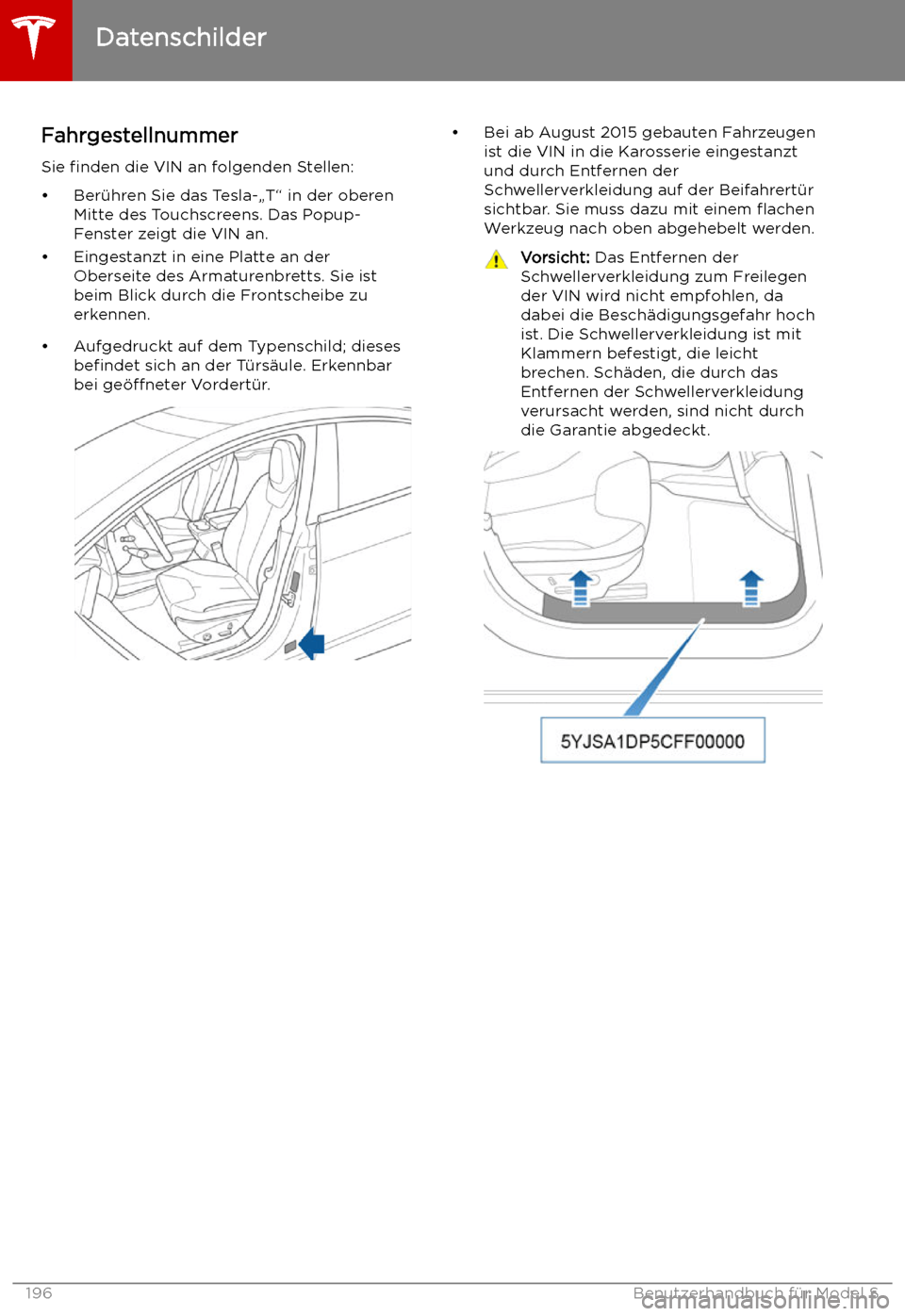 TESLA MODEL S 2019  Betriebsanleitung (in German) Technische Daten
Datenschilder
Fahrgestellnummer
Sie  