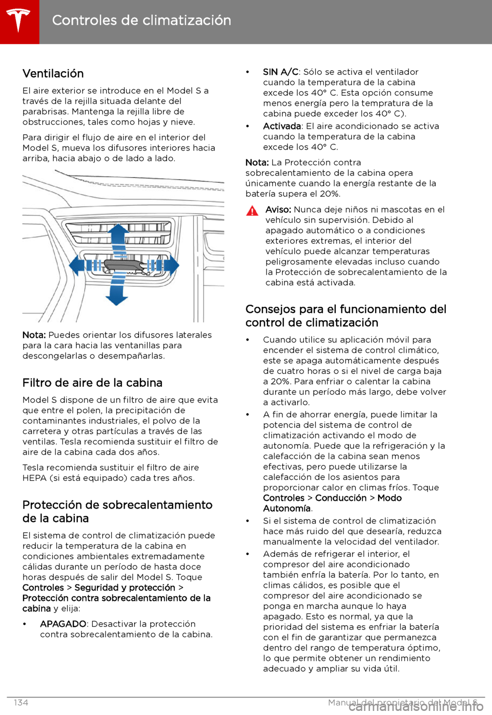 TESLA MODEL S 2019  Manual del propietario (in Spanish) Ventilaci