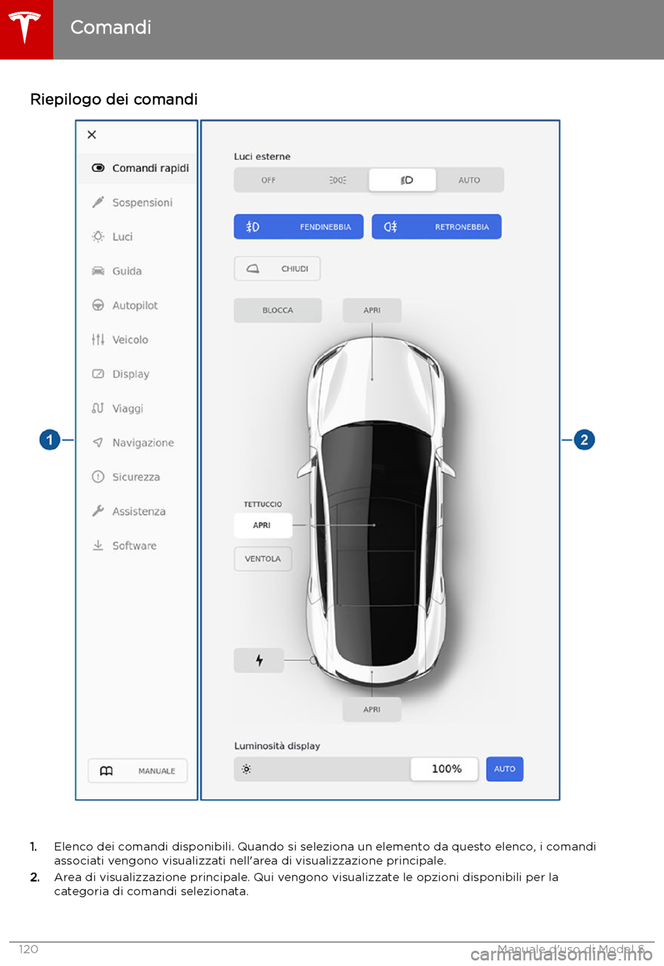 TESLA MODEL S 2019  Manuale del proprietario (in Italian) Riepilogo dei comandi
1.Elenco dei comandi disponibili. Quando si seleziona un elemento da questo elenco, i comandi
associati vengono visualizzati nell