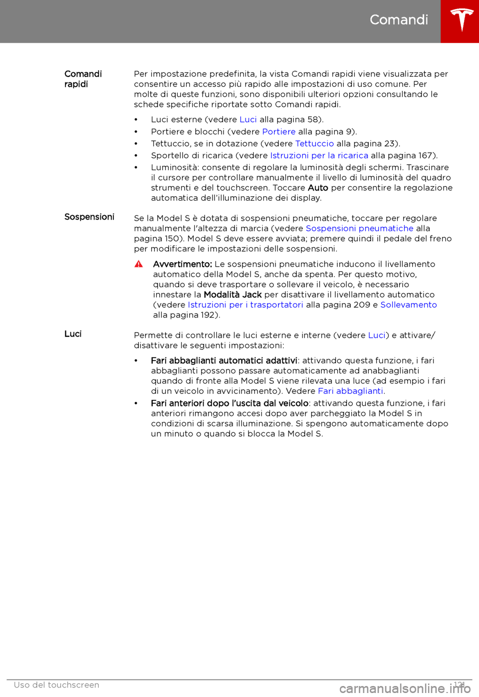 TESLA MODEL S 2019  Manuale del proprietario (in Italian) Comandi
rapidiPer impostazione  prede
