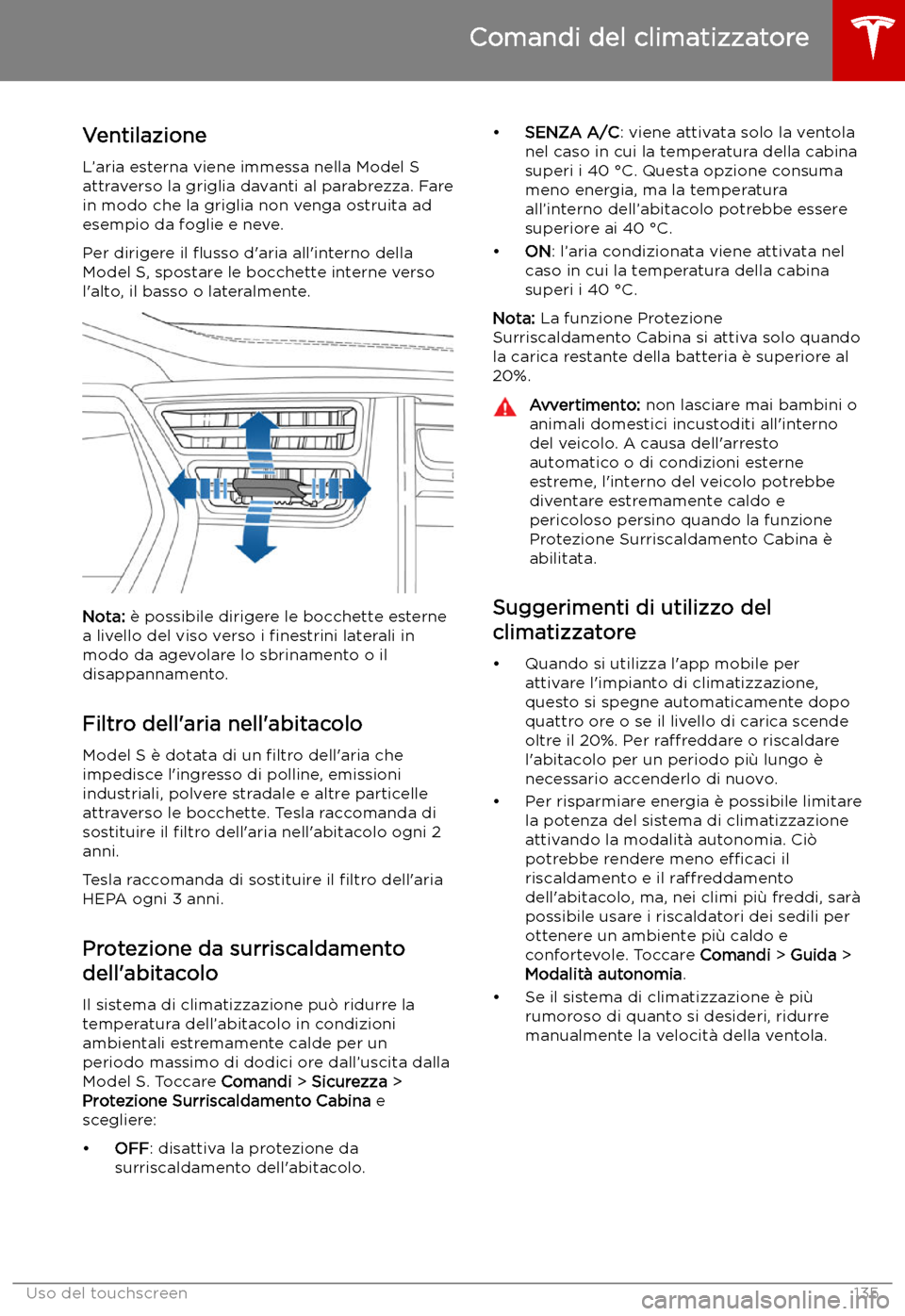 TESLA MODEL S 2019  Manuale del proprietario (in Italian) VentilazioneL