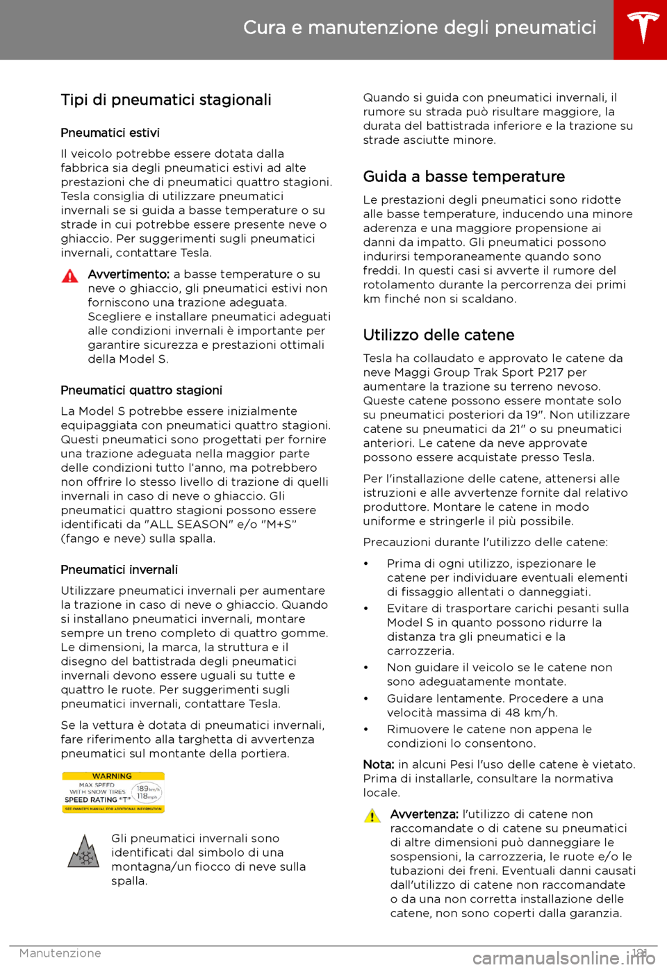 TESLA MODEL S 2019  Manuale del proprietario (in Italian) Tipi di pneumatici stagionali
Pneumatici estivi
Il veicolo potrebbe essere dotata dalla
fabbrica sia degli pneumatici estivi ad alte
prestazioni che di pneumatici quattro stagioni.
Tesla consiglia di 
