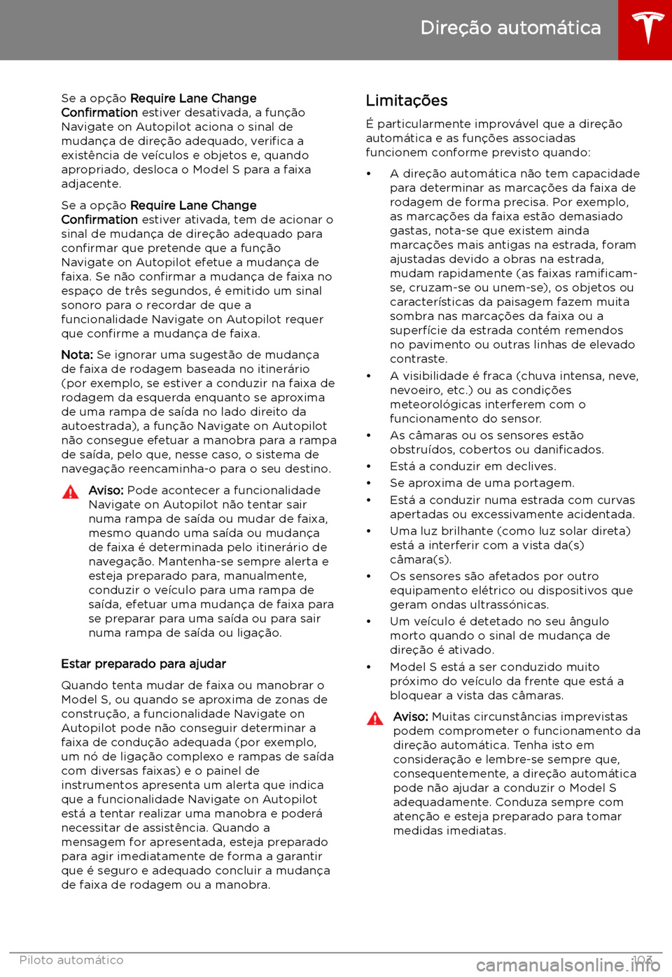 TESLA MODEL S 2019  Manual do proprietário (in Portuguese) Se a op