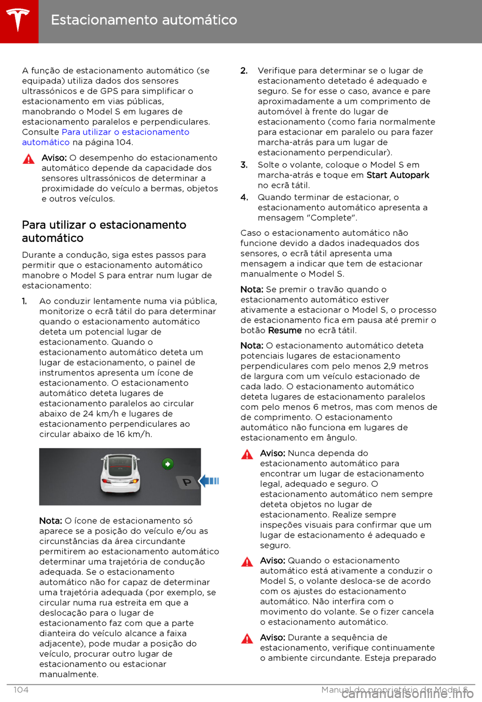 TESLA MODEL S 2019  Manual do proprietário (in Portuguese) Estacionamento autom