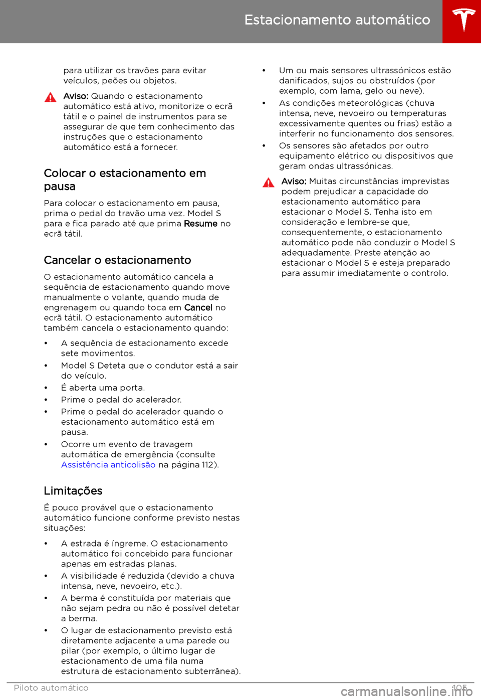 TESLA MODEL S 2019  Manual do proprietário (in Portuguese) para utilizar os trav