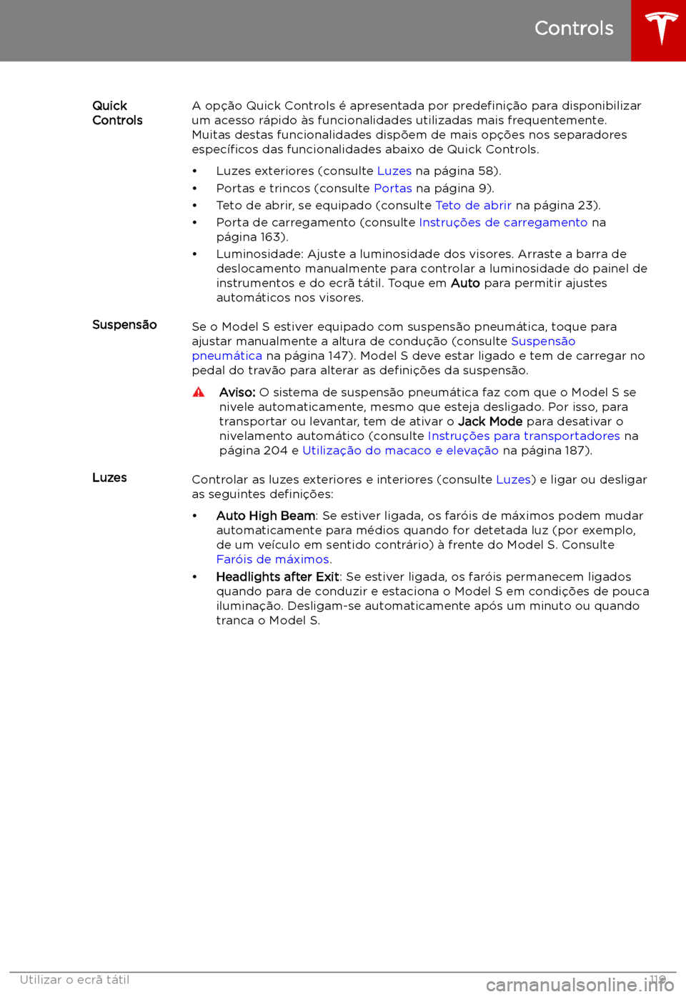 TESLA MODEL S 2019  Manual do proprietário (in Portuguese) Quick
ControlsA op