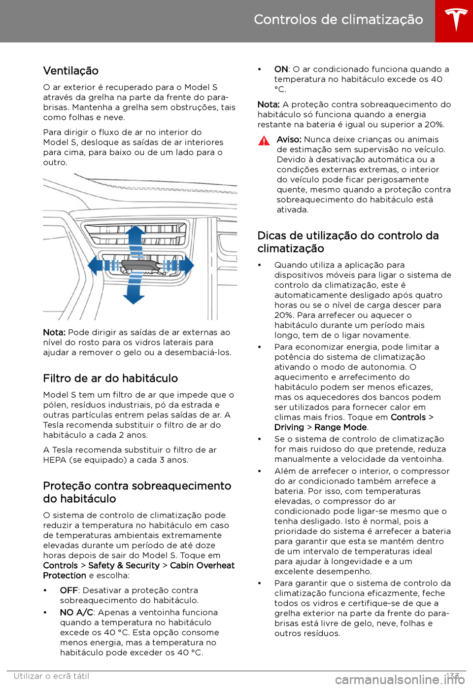 TESLA MODEL S 2019  Manual do proprietário (in Portuguese) Ventila
