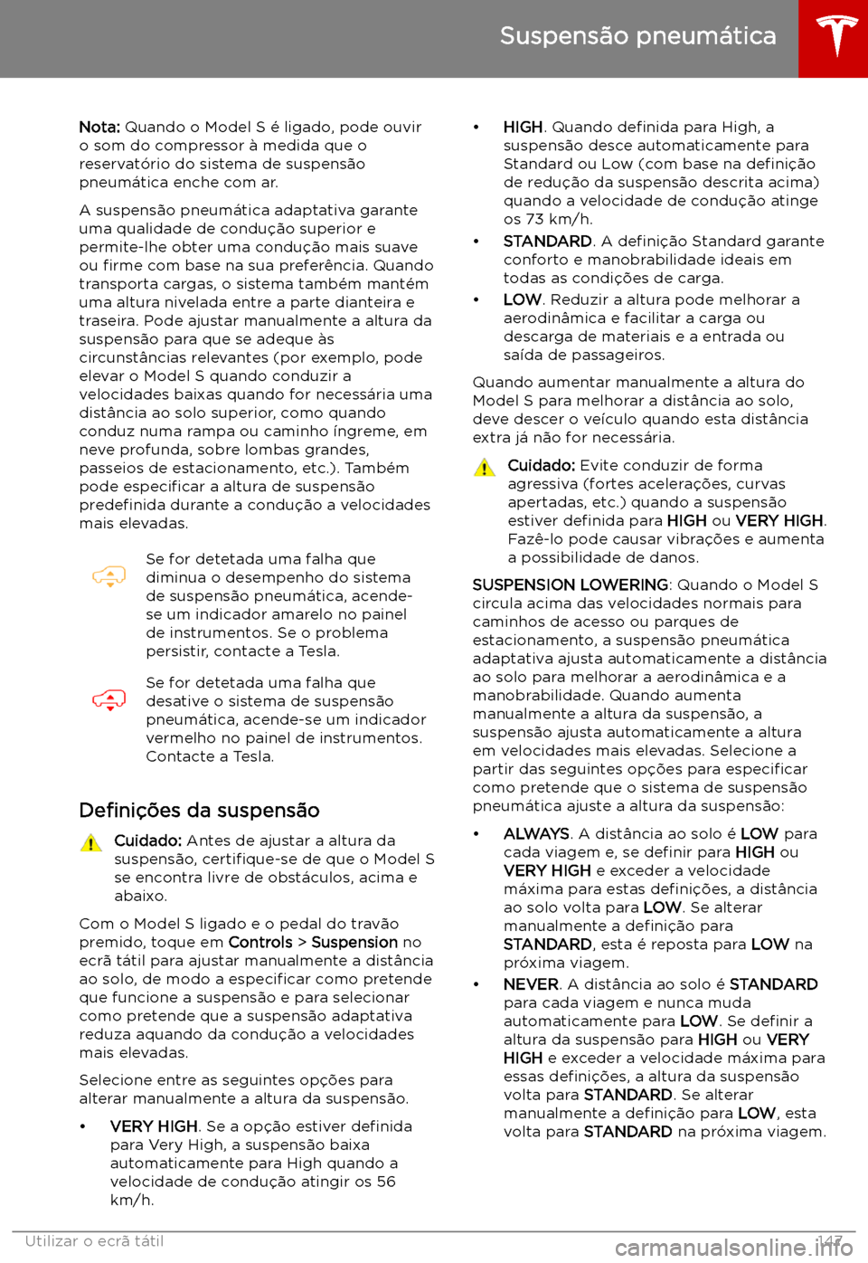 TESLA MODEL S 2019  Manual do proprietário (in Portuguese) Suspens