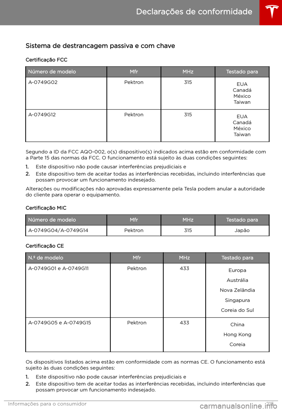 TESLA MODEL S 2019  Manual do proprietário (in Portuguese) Declara