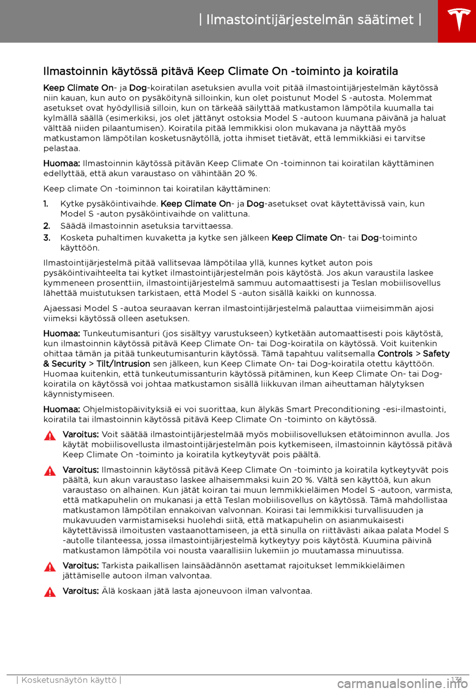 TESLA MODEL S 2019  Omistajan käsikirja (in Finnish) Ilmastoinnin k