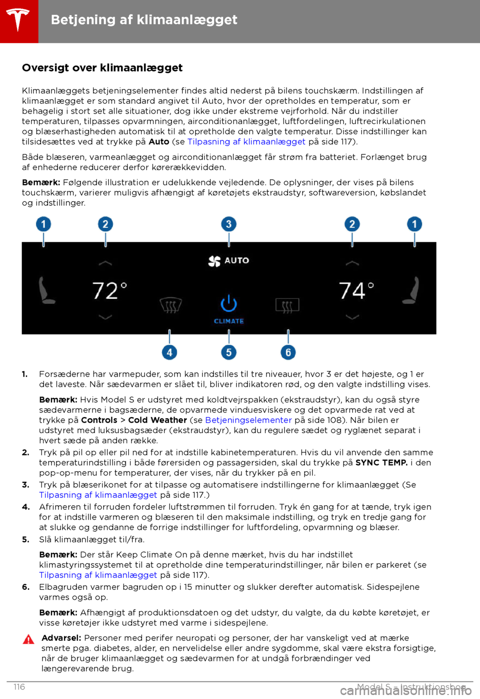 TESLA MODEL S 2018  Instruktionsbog (in Danish)  Oversigt over klimaanlægget
Klimaanl