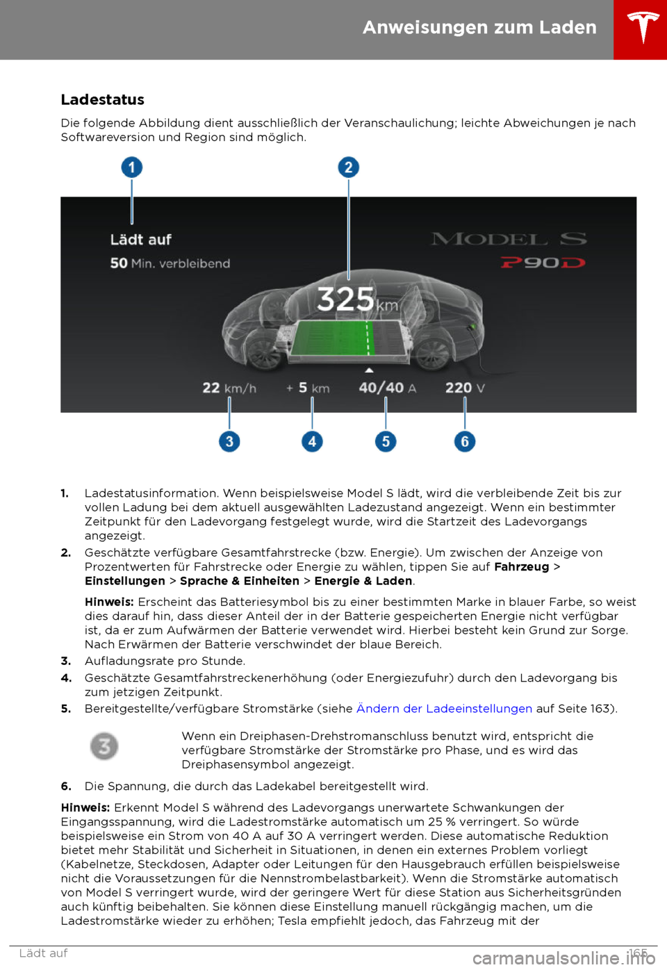 TESLA MODEL S 2018  Betriebsanleitung (in German) Ladestatus
Die f olgende Abbildung dient ausschlie