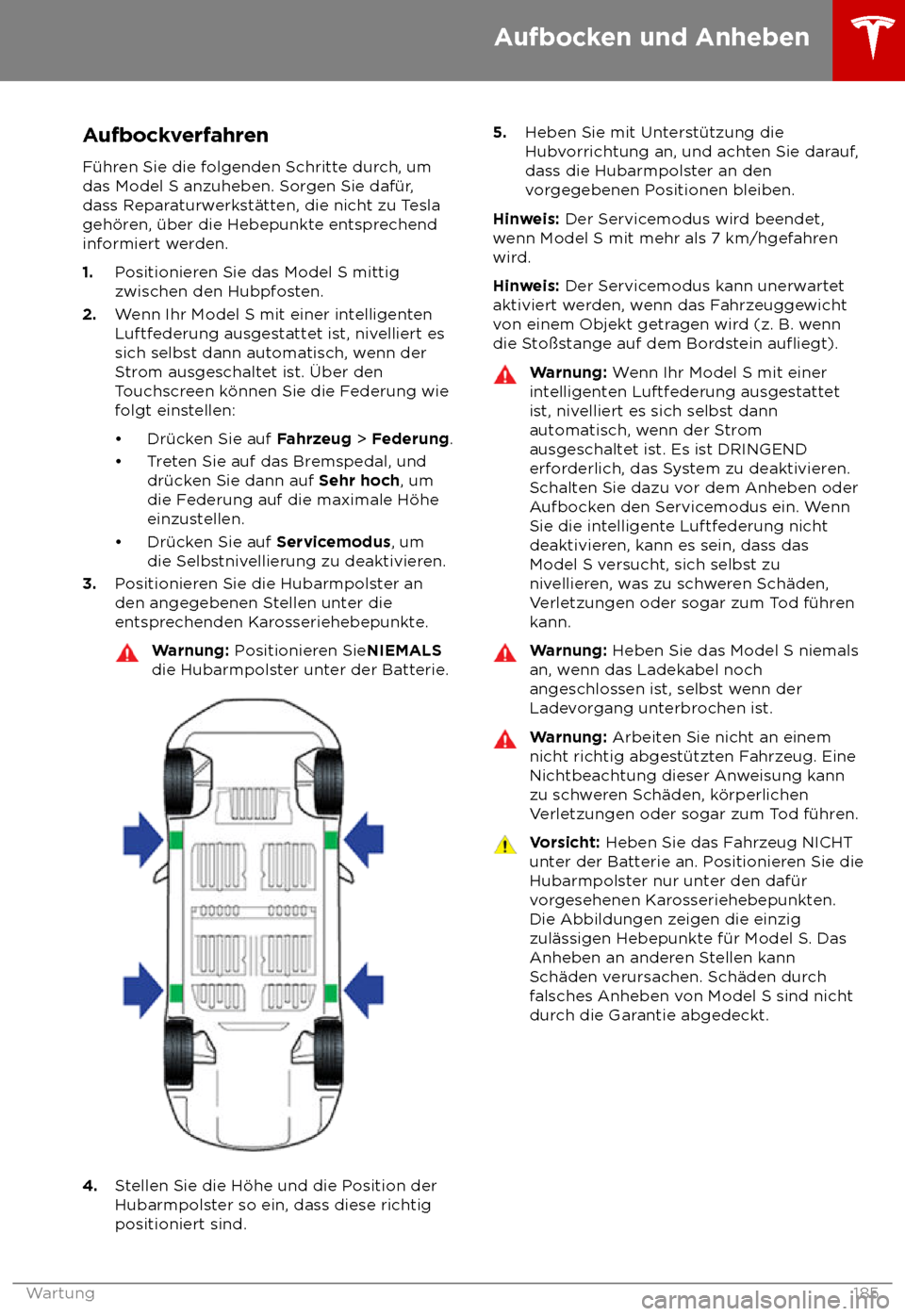 TESLA MODEL S 2018  Betriebsanleitung (in German) Aufbockverfahren
F